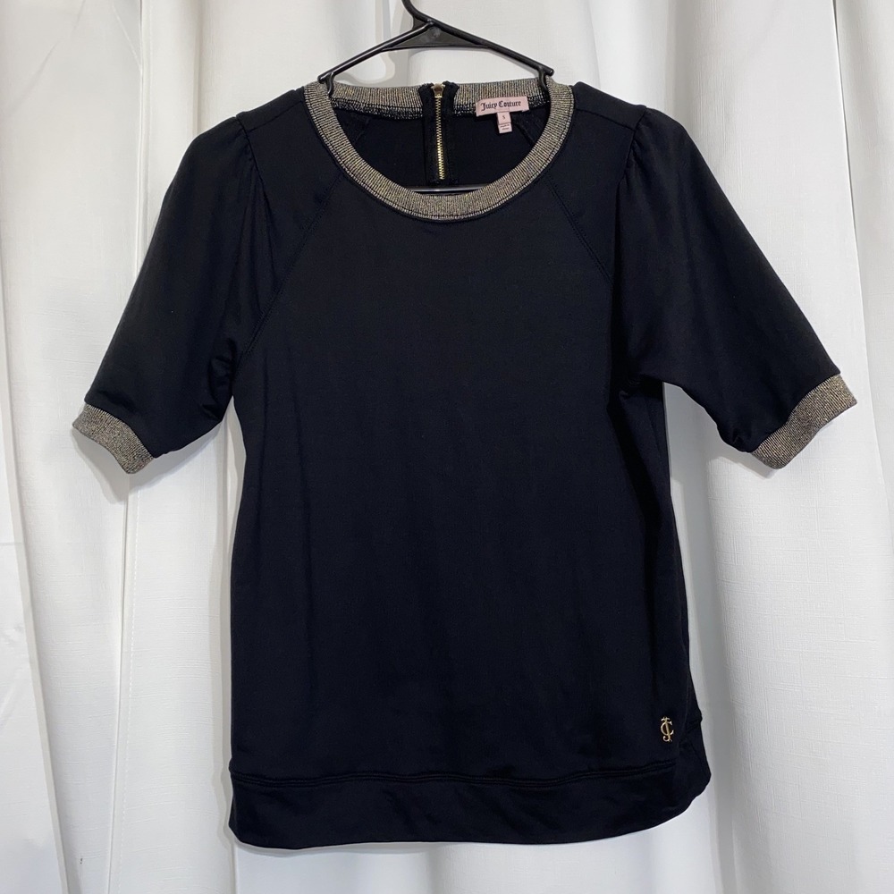 Juicy Couture Blouse Womens Small Black Gold Trim Y2K Top Zipper Short Sleeve